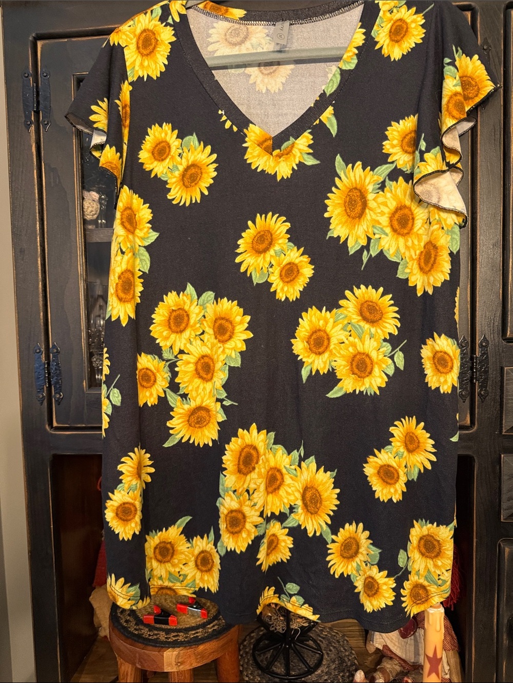 Honeyme Black V-Neck Sunflower Print Tunic